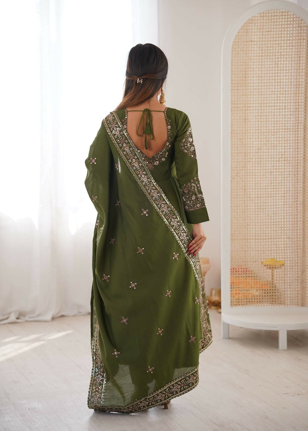 Teeya Creation Green Roman Silk Embroidery Work Party Wear Long Gown