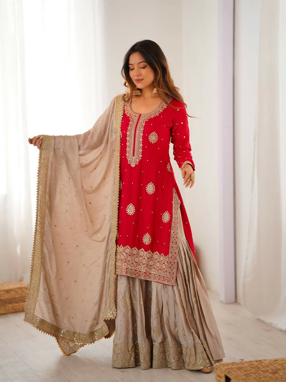 Lehenga Mart Designer Sharara Suit With Kurta, Sharara, Dupatta For Women-Red