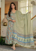 Jaimini Women Cotton Printed V-Neck 3/4 Sleeves Calf Length Flared Kurta Pant And Dupatta Set
