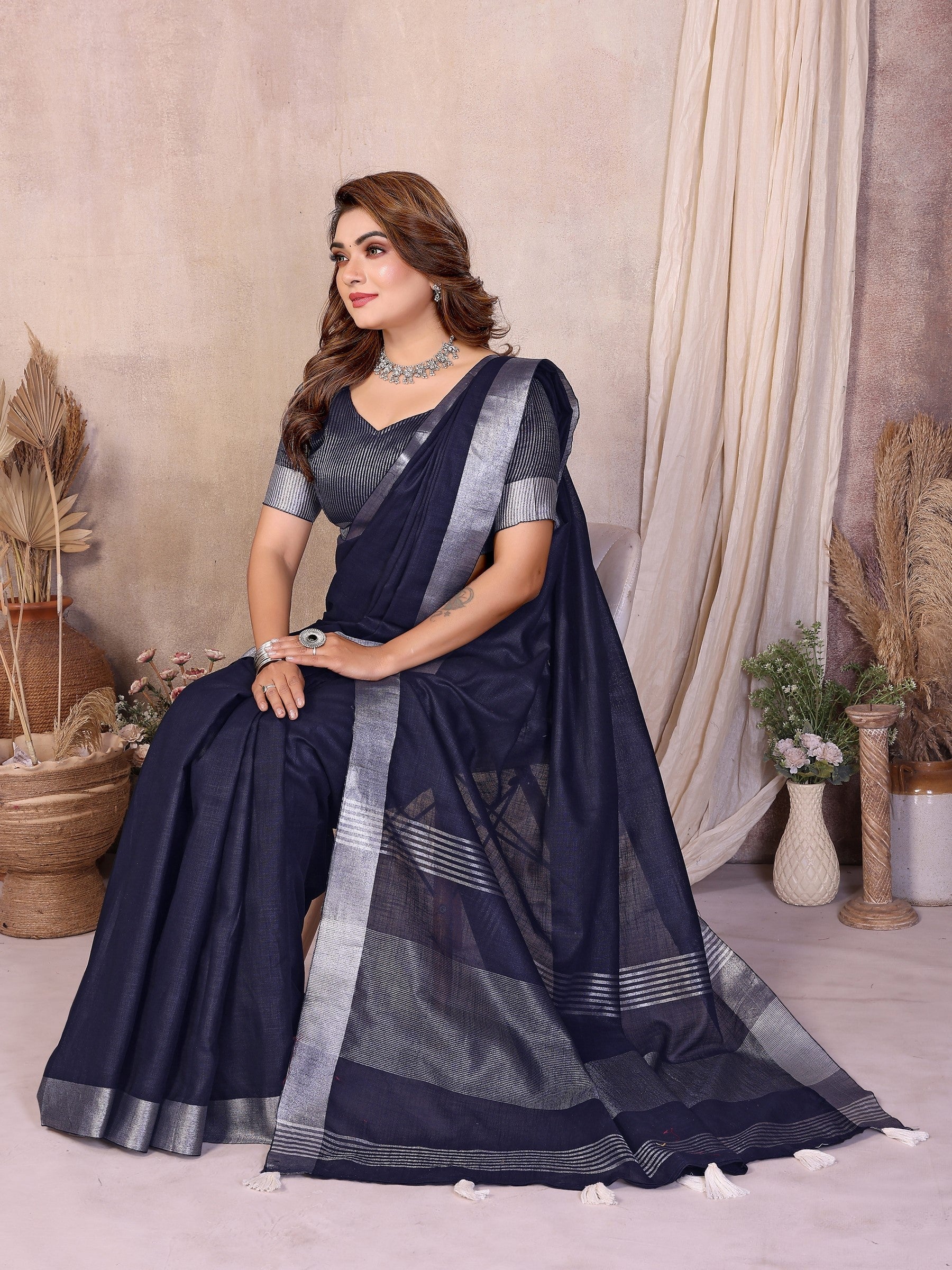 Anaita Teal Weaving Linen Cotton Saree With Blouse
