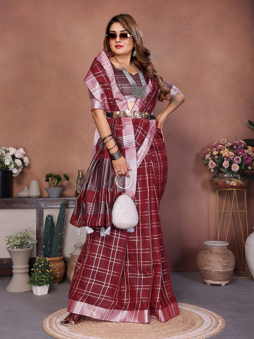 Anaita Maroon Weaving Linen Cotton Saree With Blouse