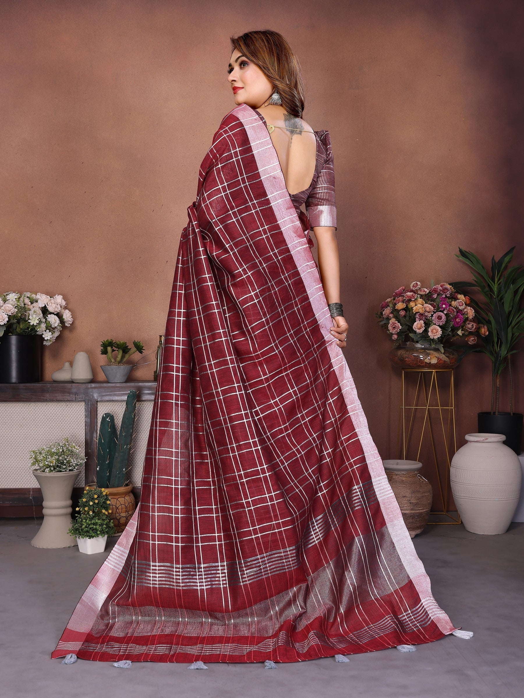 Anaita Maroon Weaving Linen Cotton Saree With Blouse