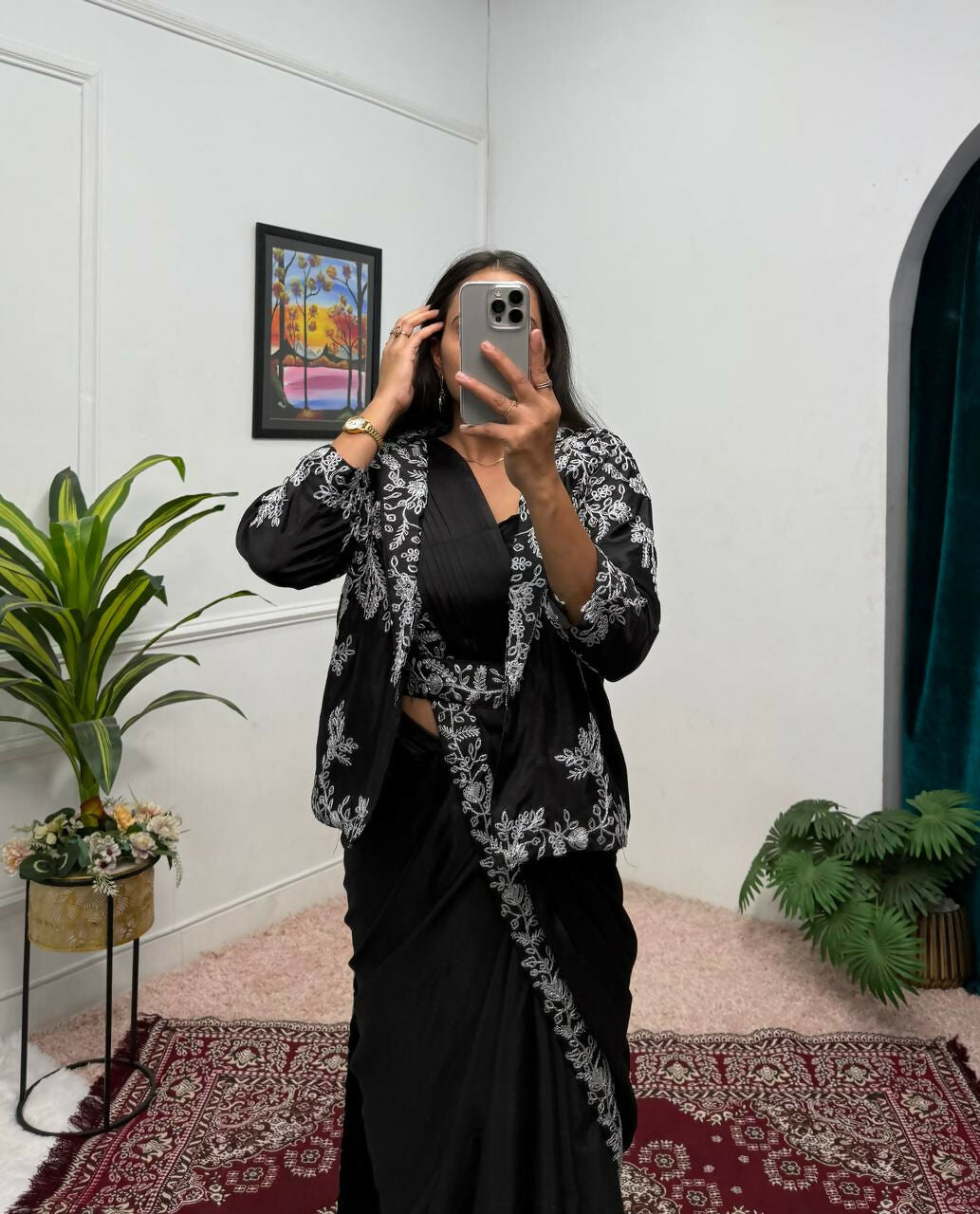 Teeya Creation Black Color Chinon Silk Wedding Wear Ready To Wear Saree With Koti