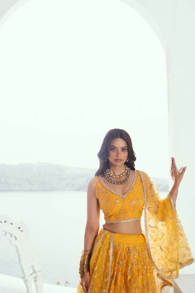 Aastha Fashion Yellow Butterfly Net Tone To Tone Cotton Thread Work And Sequence Work Embroidery Wedding Wear Lehenga Choli