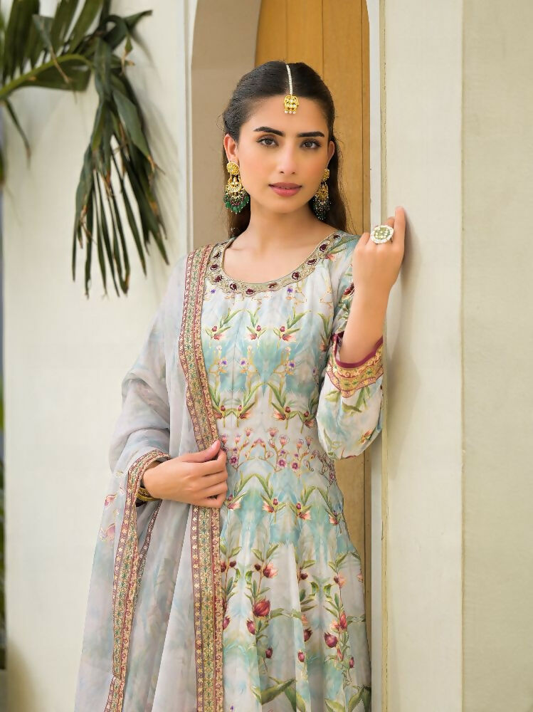 Functional Designer Sky Jam Silk Anarkali suit with Dupatta-Anbazaar