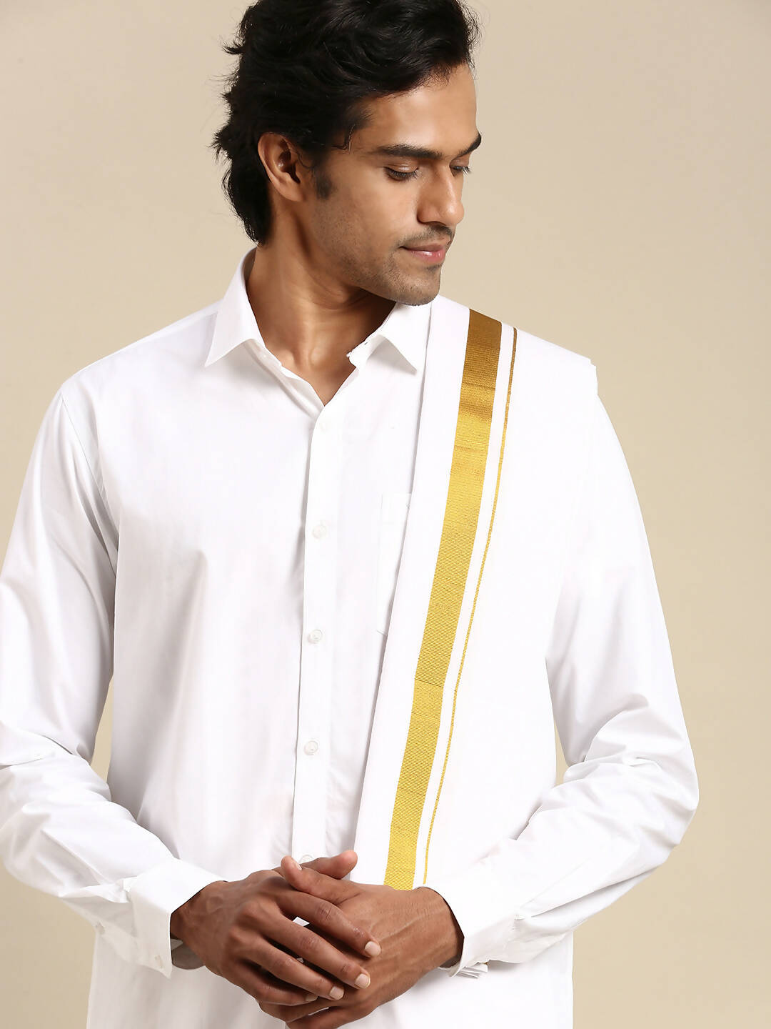 Ramraj Cotton Mens Premium Wedding Cotton White Dhoti with shirt Bit & Towel Set