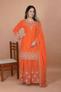 Teeya Creation Orange Chinon Embroidery Work Party Wear Palazzo Suit