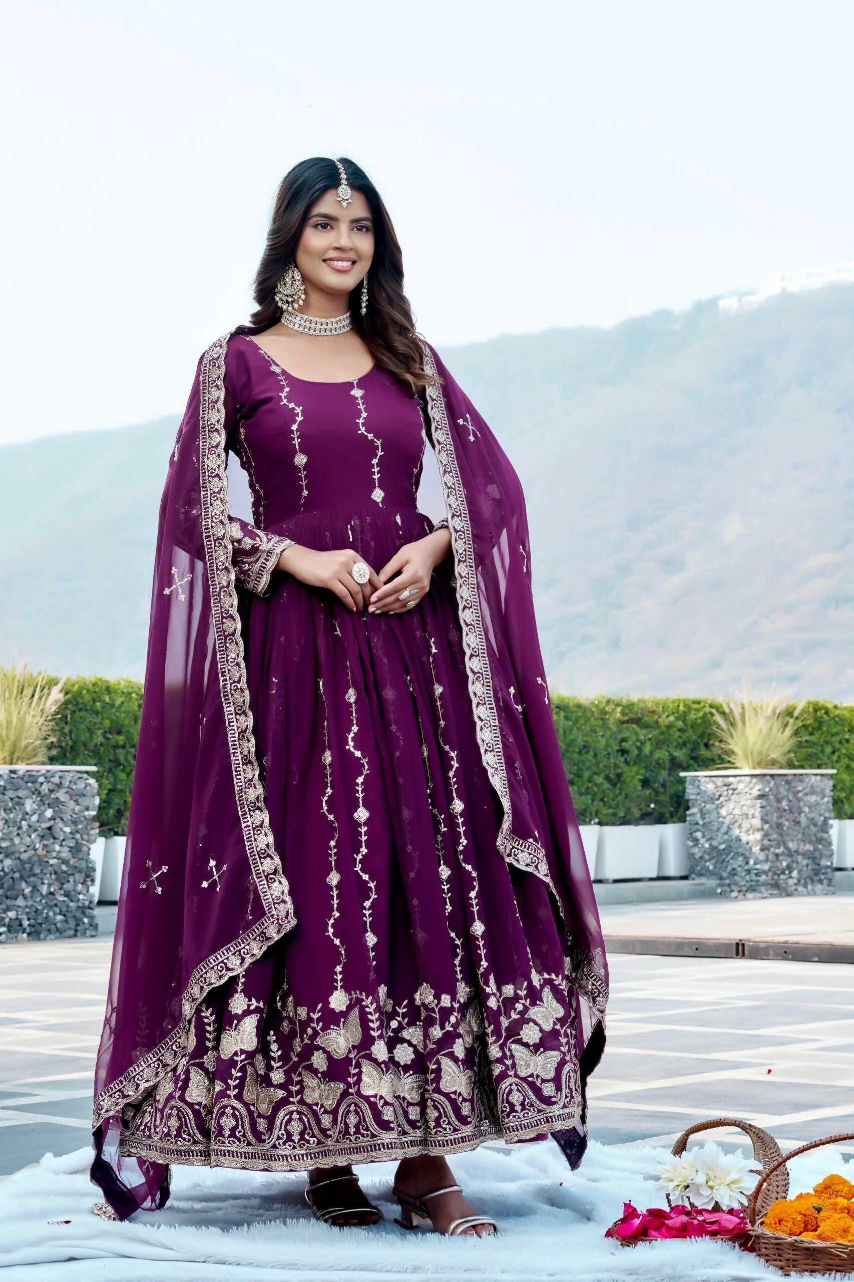 Teeya Creation Womens New Trendy Heavy Cording Sequence & Beads Embroidery Work Purple Gown Set