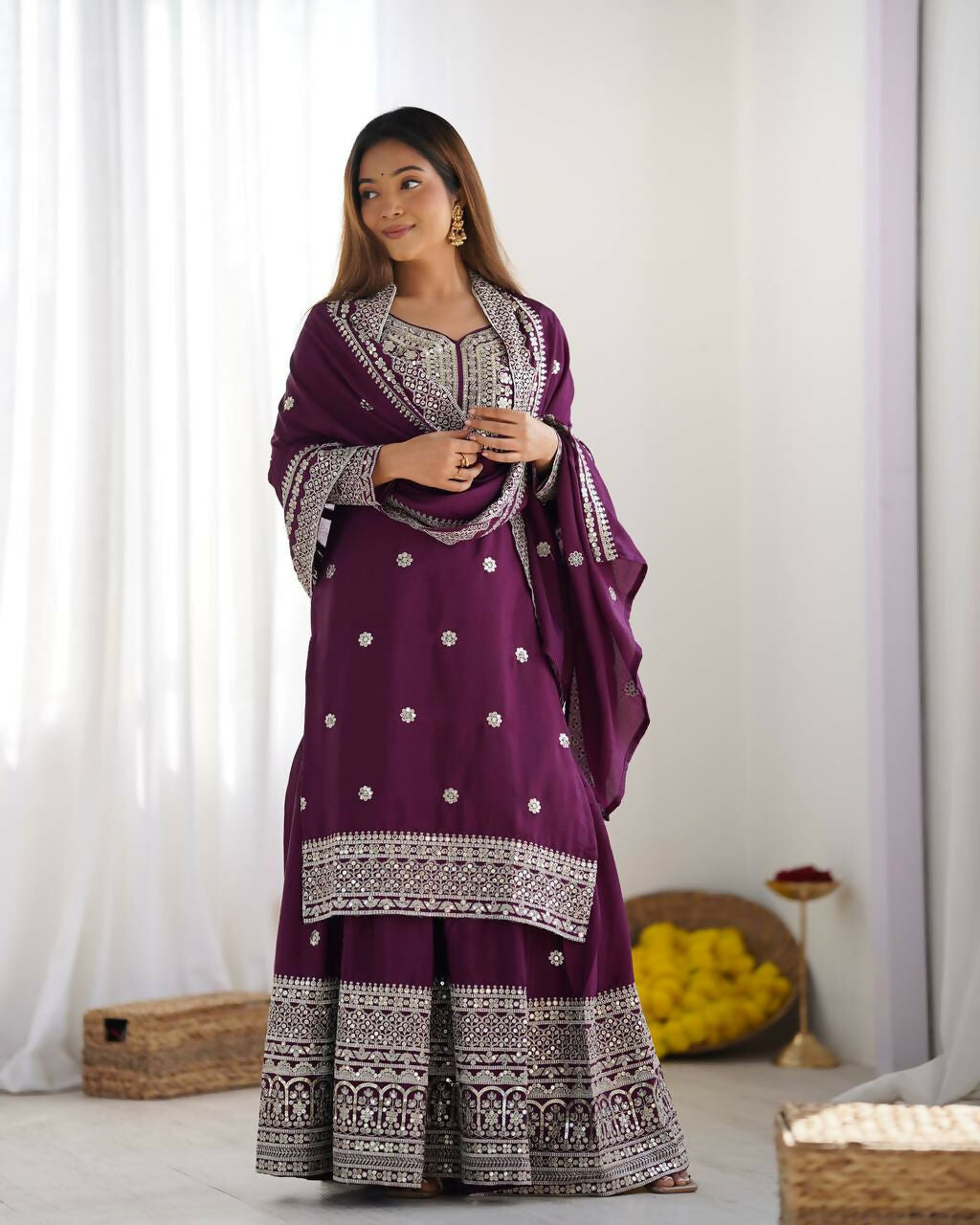 Joban Fashion Wine Kurta Set Silk Sequins , Zari, Coding & Thread Embroidered work