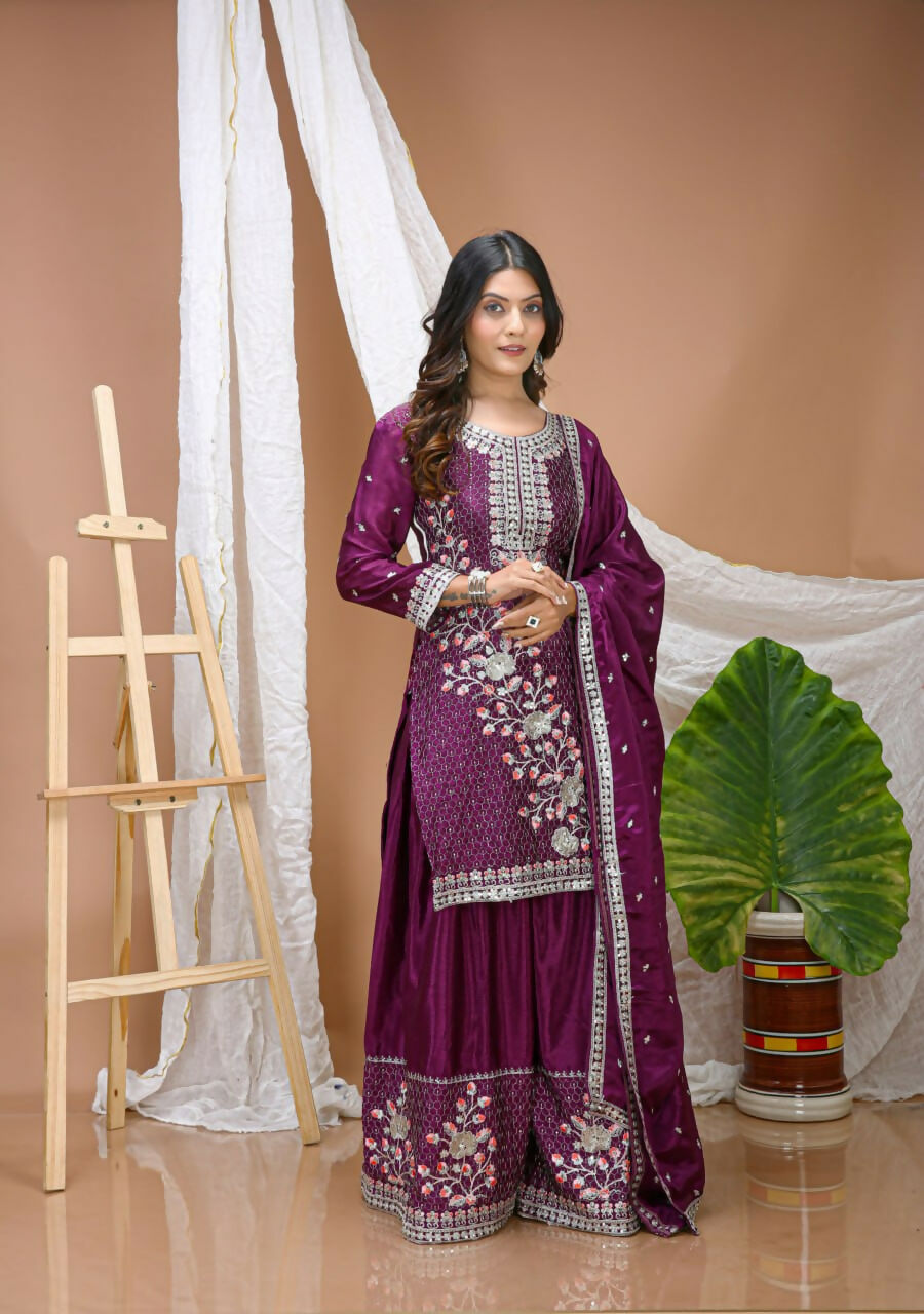 Teeya Creation Wine Color Chinon Silk Wedding Wear Trending Palazzo Set