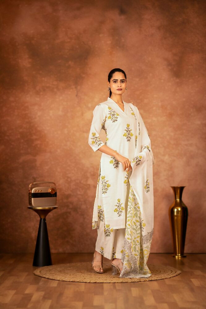 Joban Fashion Off White Yellow Hand Block Printed Cotton Suit Set