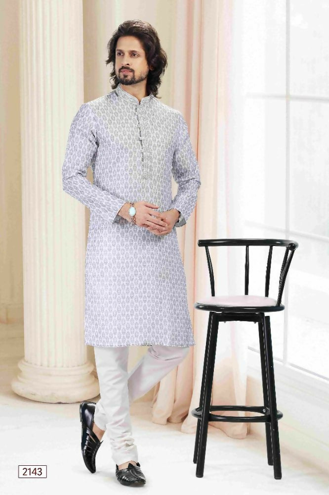Raivat Ethnic Cotton Thread Work Kurta Pajama In Grey Colour