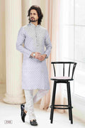 Raivat Ethnic Cotton Thread Work Kurta Pajama In Grey Colour