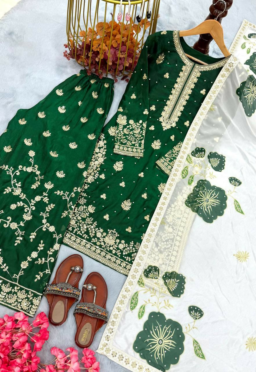 Teeya Creation Green Fendy Silk Beads Work Designer Wedding Wear Salwar Suit