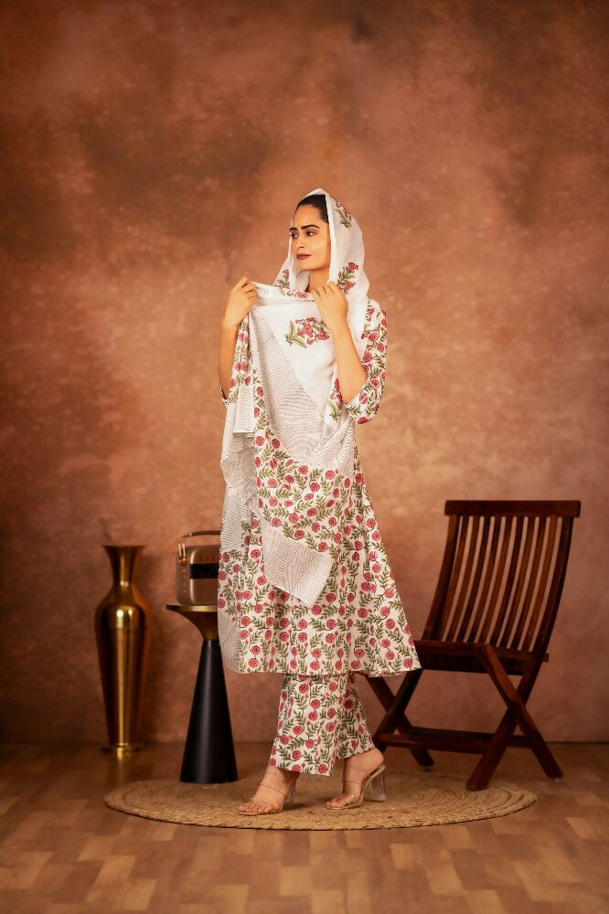 Joban Fashion Red Green Hand Block Printed Cotton Suit Set