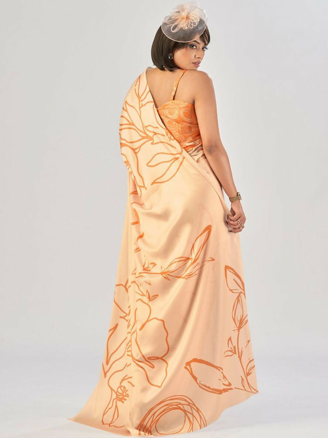 Vastranavya Orange Satin Silk Elegant Printed Saree with Unstitched Blouse