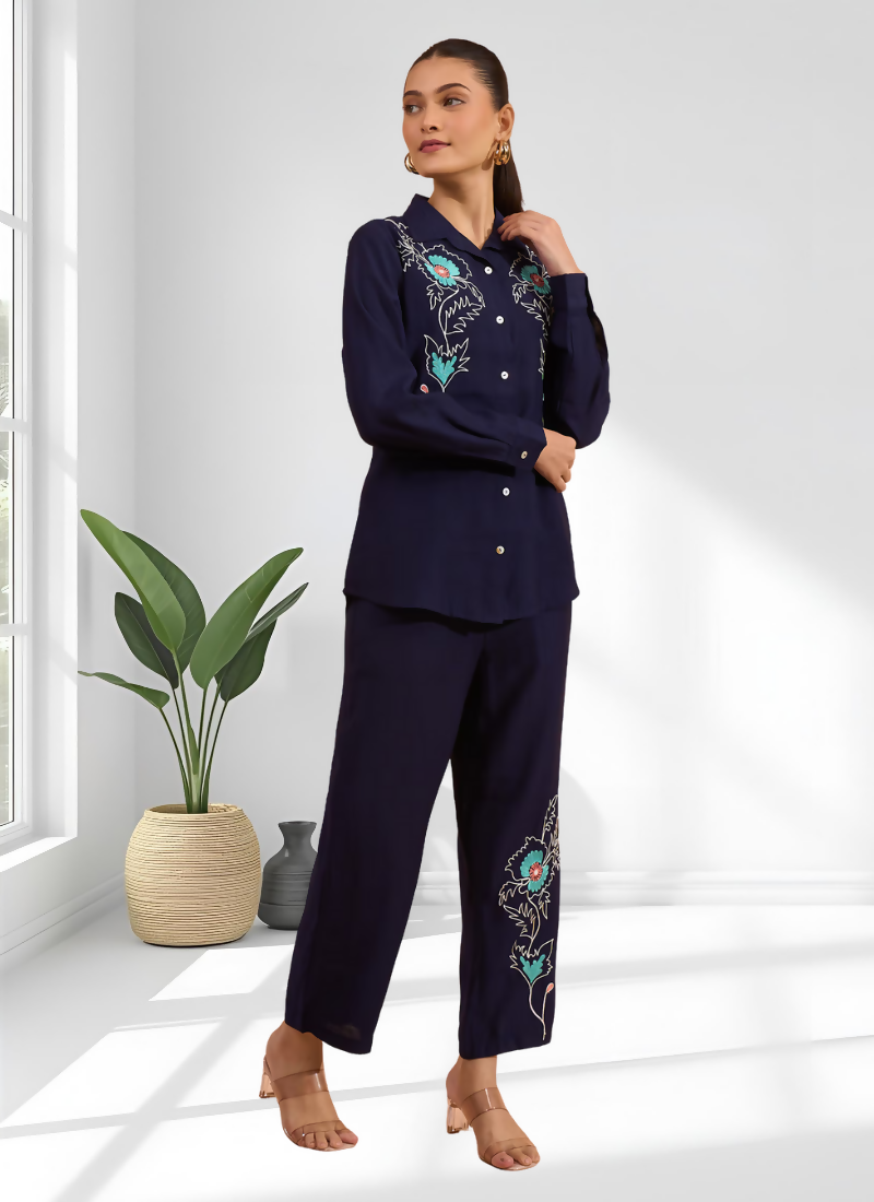 Joban Fashion Navy Blue Silk Embroidered Readymade Cord Set