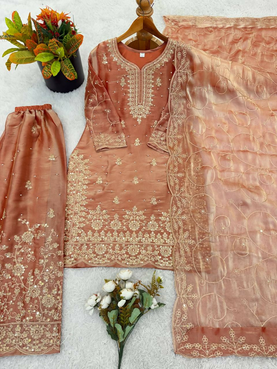 Teeya Creation Peach Color Gymmi Silk Embroidery Work Wedding Wear Sharara Set