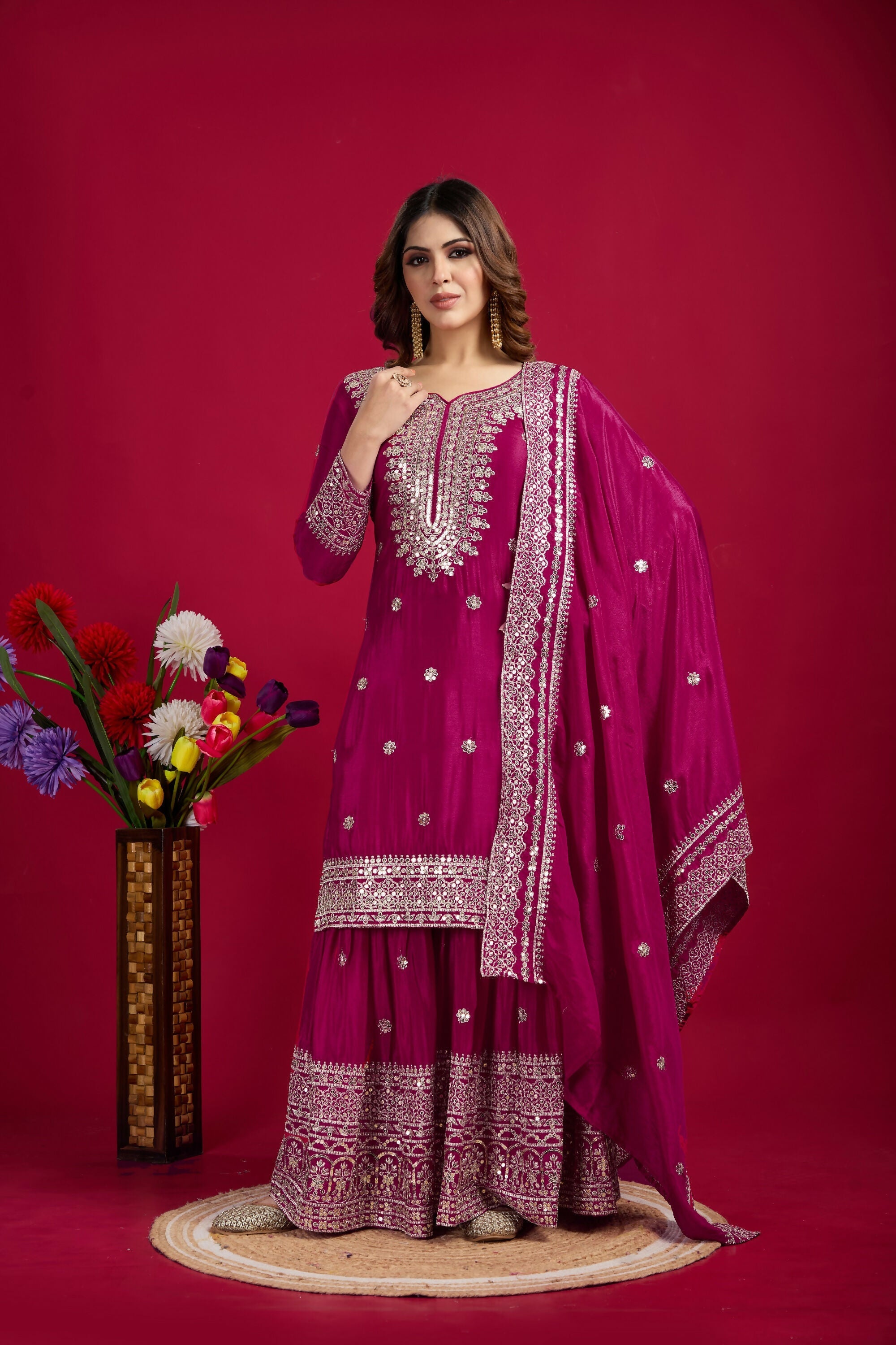 Joban Fashion Rani Kurta Set Silk Sequins , Zari, Coding & Thread Embroidered work