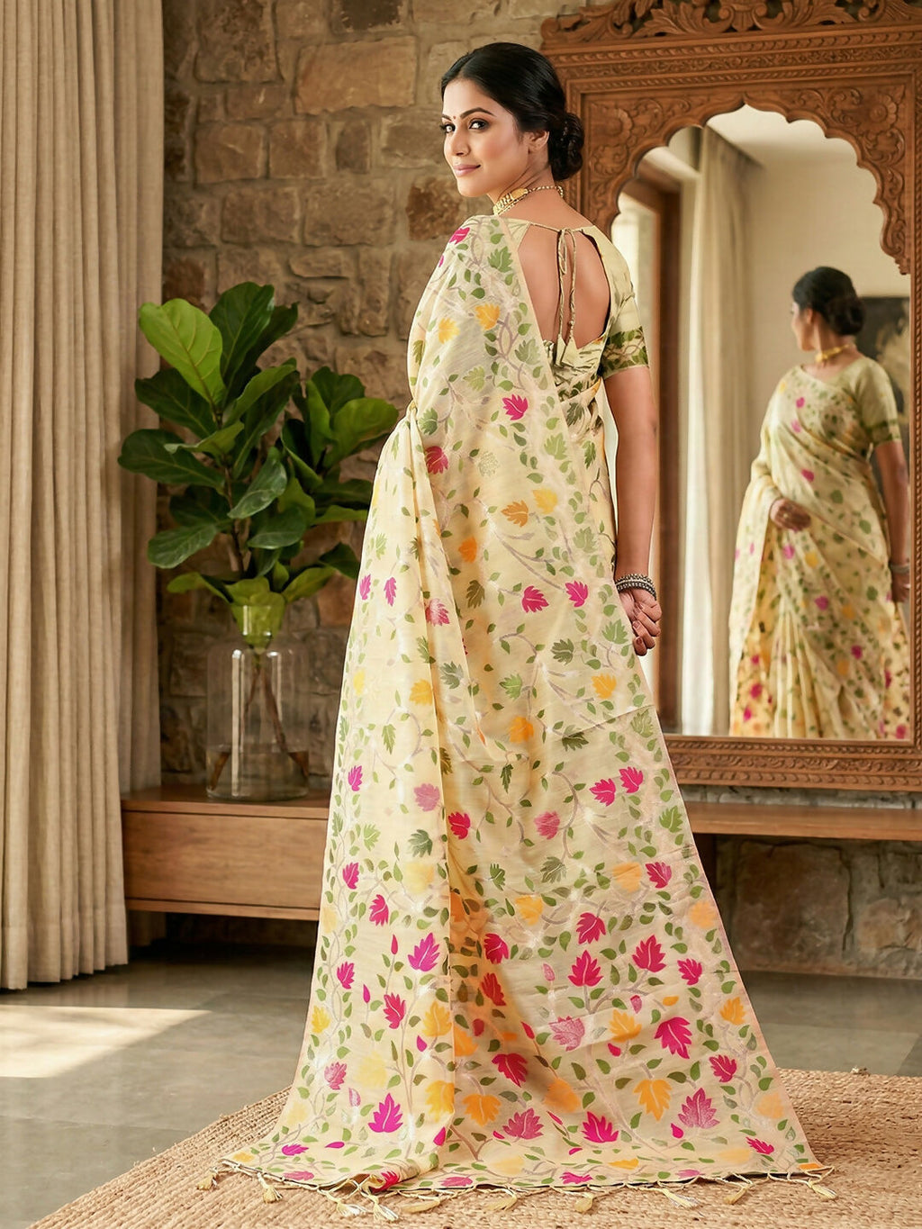 Shree Shyam Fashion Cream Linen Cotton Saree