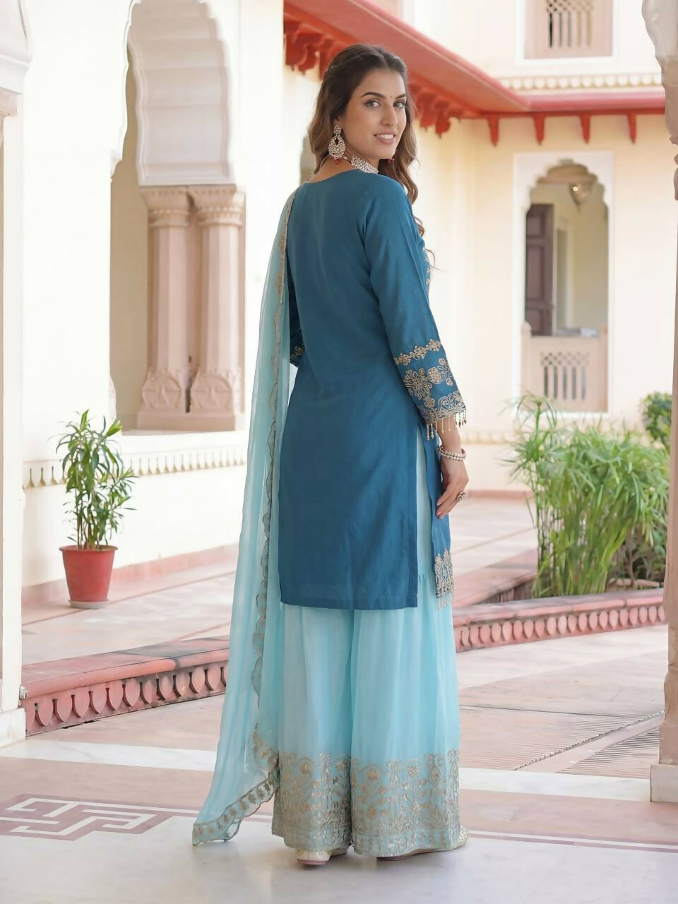 Joban Fashion Blue Silk Embroidered Sharara Set