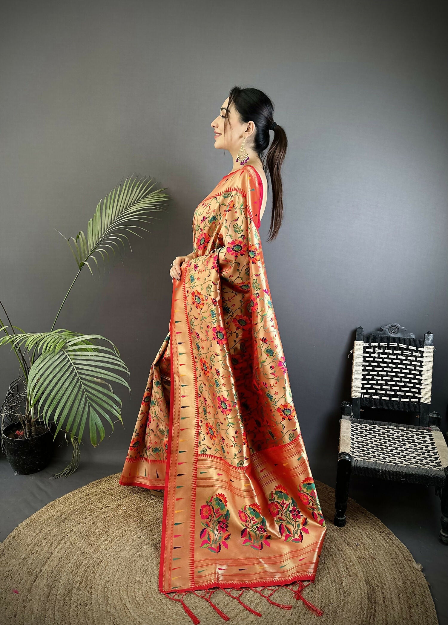 Joban Fashion Light Orange Floral  & Peacock Motifs Soft Silk Paithani Saree
