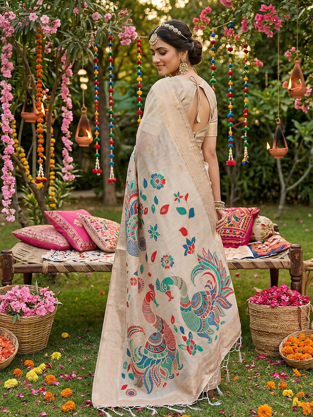 Shree Shyam Fashion Cream Linen Cotton Saree