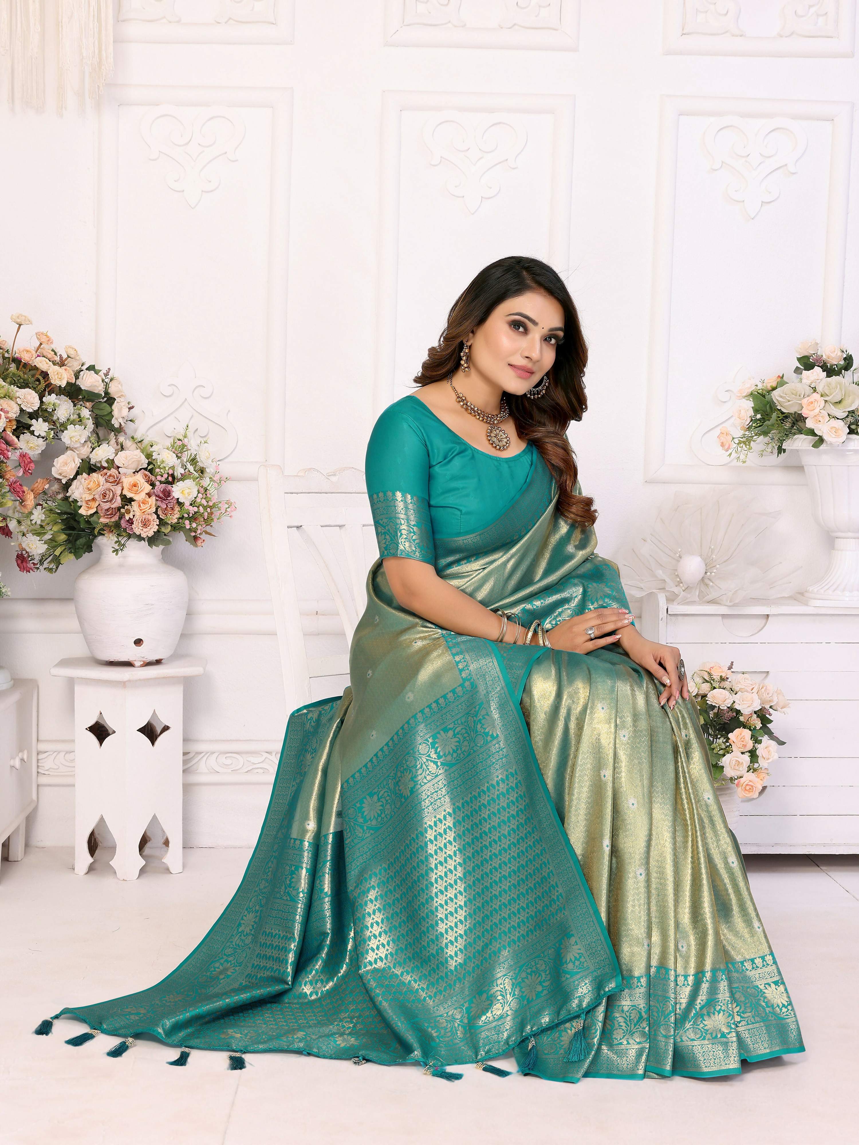 Aastha Fashion Sea Green Tissue Silk Weaving Saree