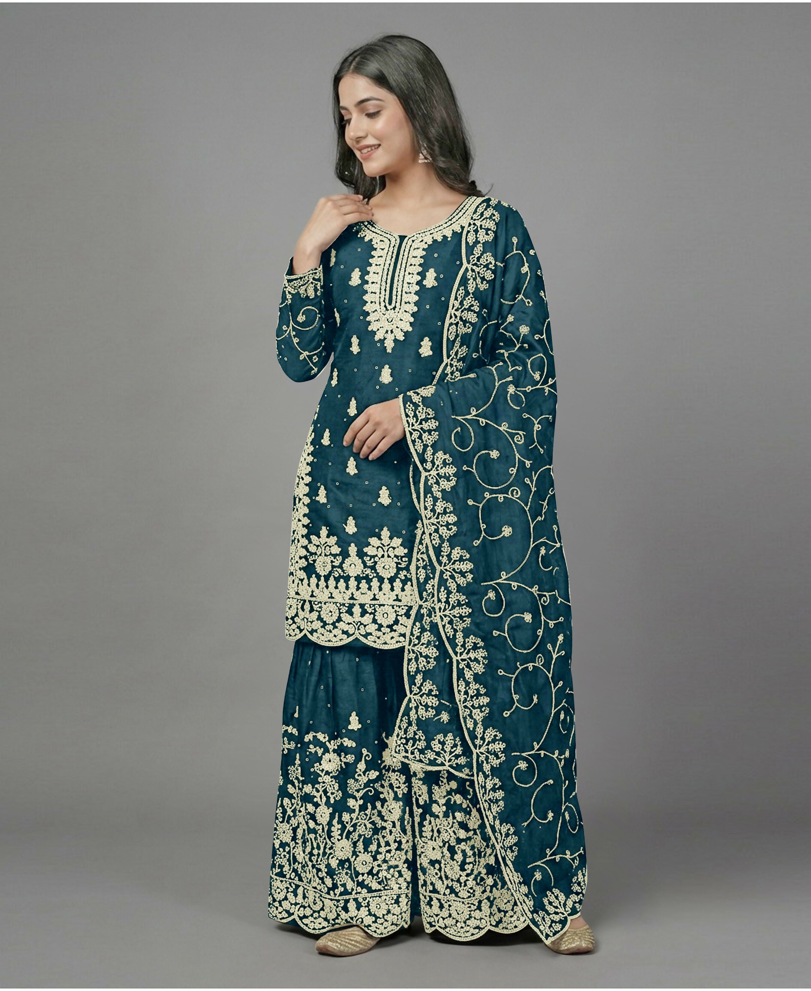 Teeya Creation Womens New Trendy Pure Gmy Silk With Heavy Embroidery Sequence Work Teal Kurta Set
