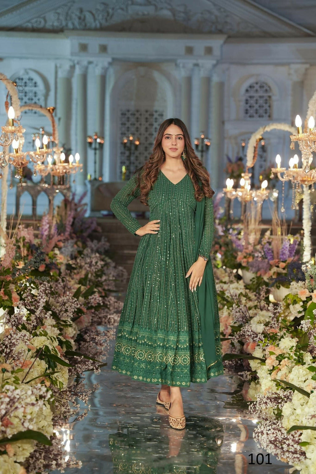 Aayaa Designer Embroidery Zari Sequins Work Faux Blooming Georgette Suit - Green