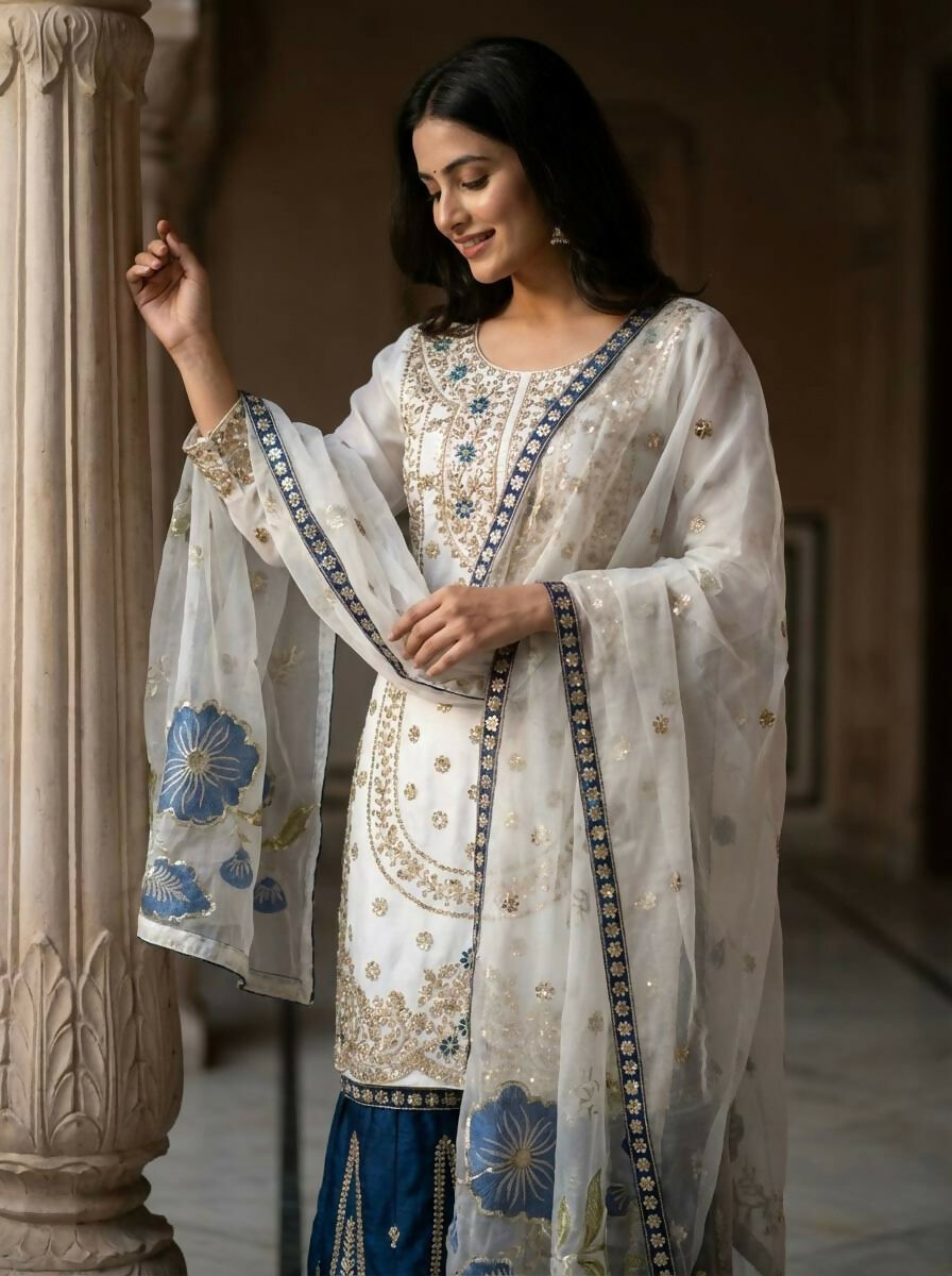 Teeya Creation Blue Gimmy Silk Designer Embroidery Work Wedding Wear Palazzo Pair