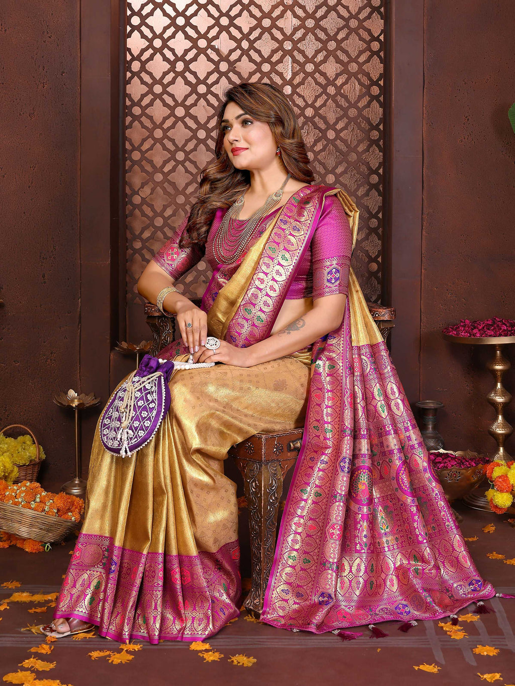 Aastha Fashion Yellow Tissue Silk Weaving Saree