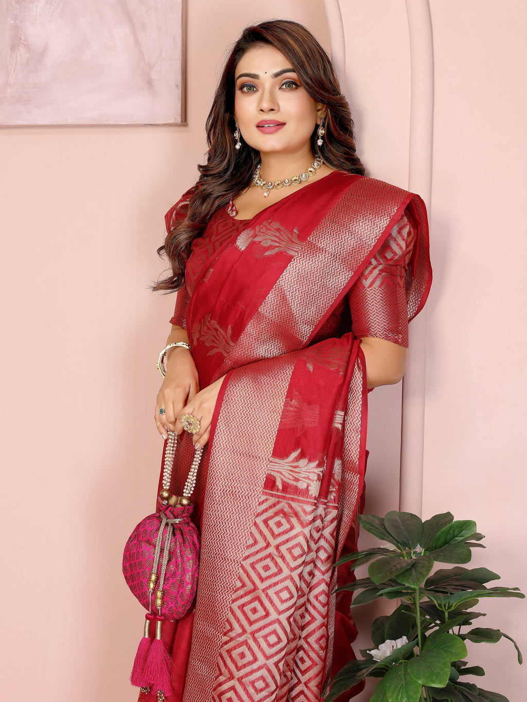 Aastha Fashion Red Soft Organza Silk Weaving Saree