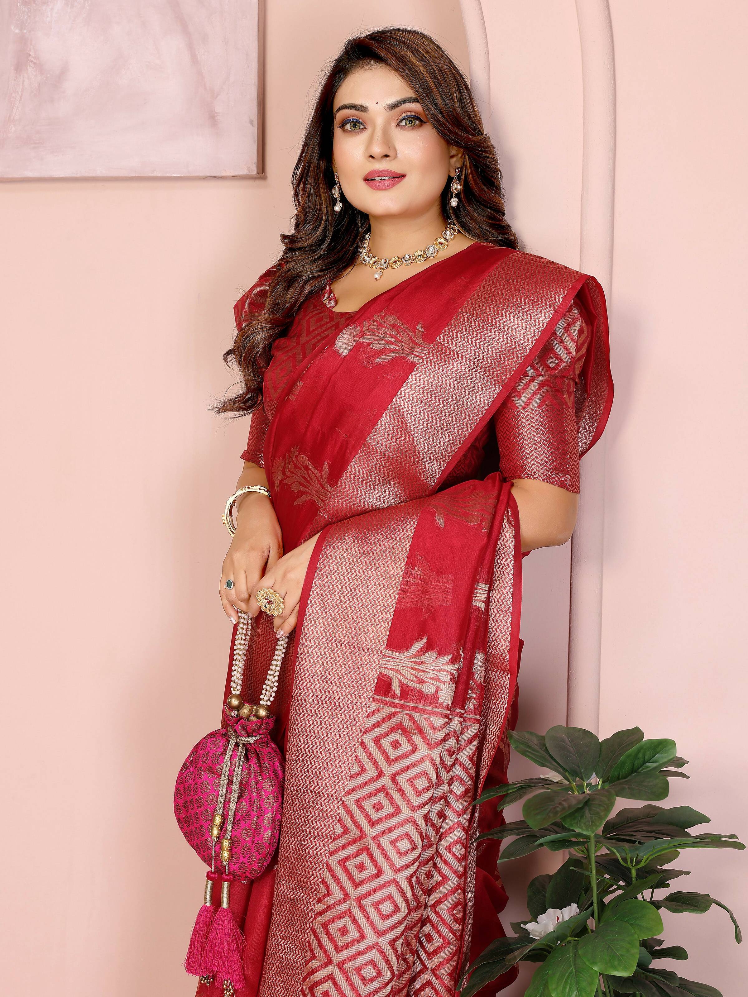 Aastha Fashion Red Soft Organza Silk Weaving Saree