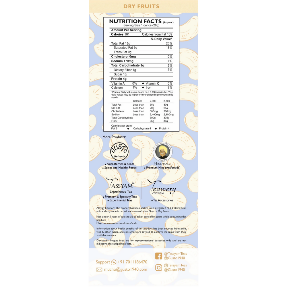 Tassyam Organics Premium Cashews w240 Grade - Pouch