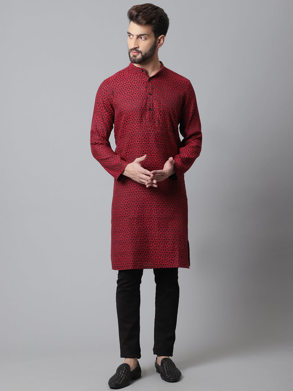 Even Apparels Maroon Solid Kurta With Band Collar