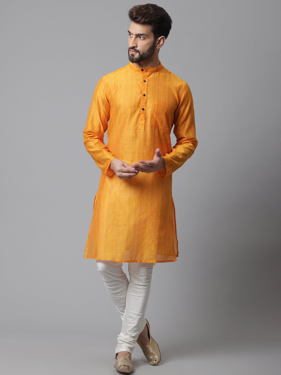 Even Apparels Yellow Check Kurta With Band Collar