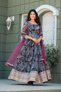 Anaita Grey Tabby Silk Stitched Anarkali Suit With Thread & Sequence Work