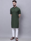 Even Apparels Green Pure Cotton Short Sleeves Kurta With Band Collar