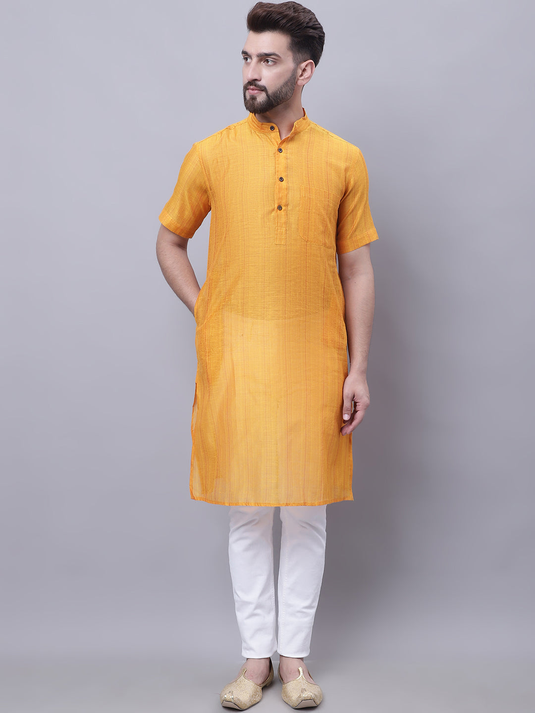 Even Apparels Yellow Pure Cotton Short Sleeves Kurta With Band Collar