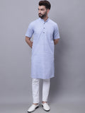 Even Apparels Blue Pure Cotton Short Sleeves Kurta With Band Collar