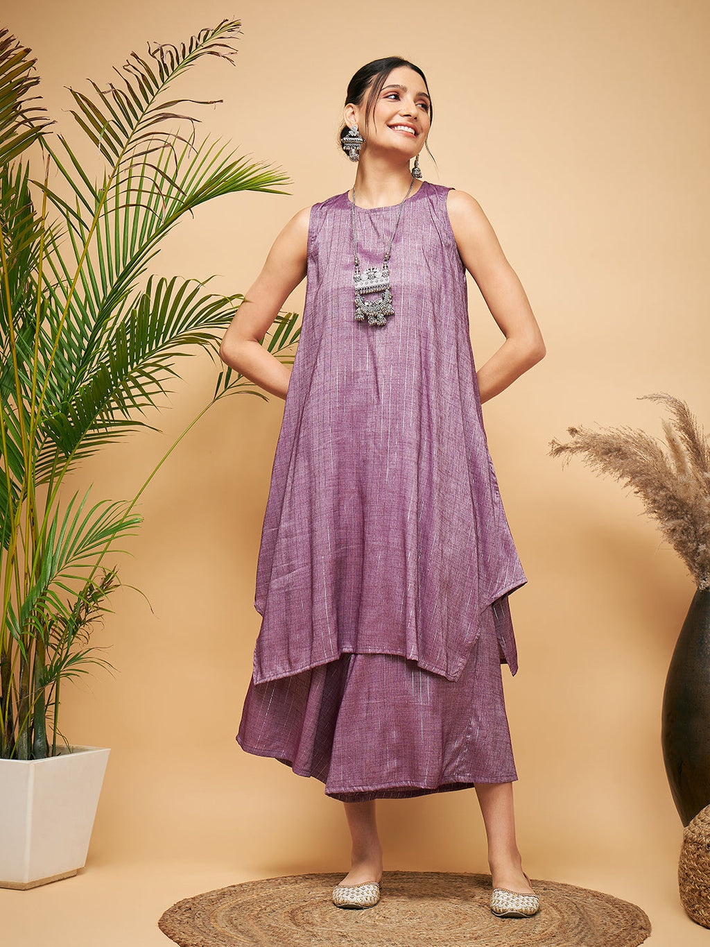 InWeave Women's Mauve Lurex Short Pallazo Kurta Set