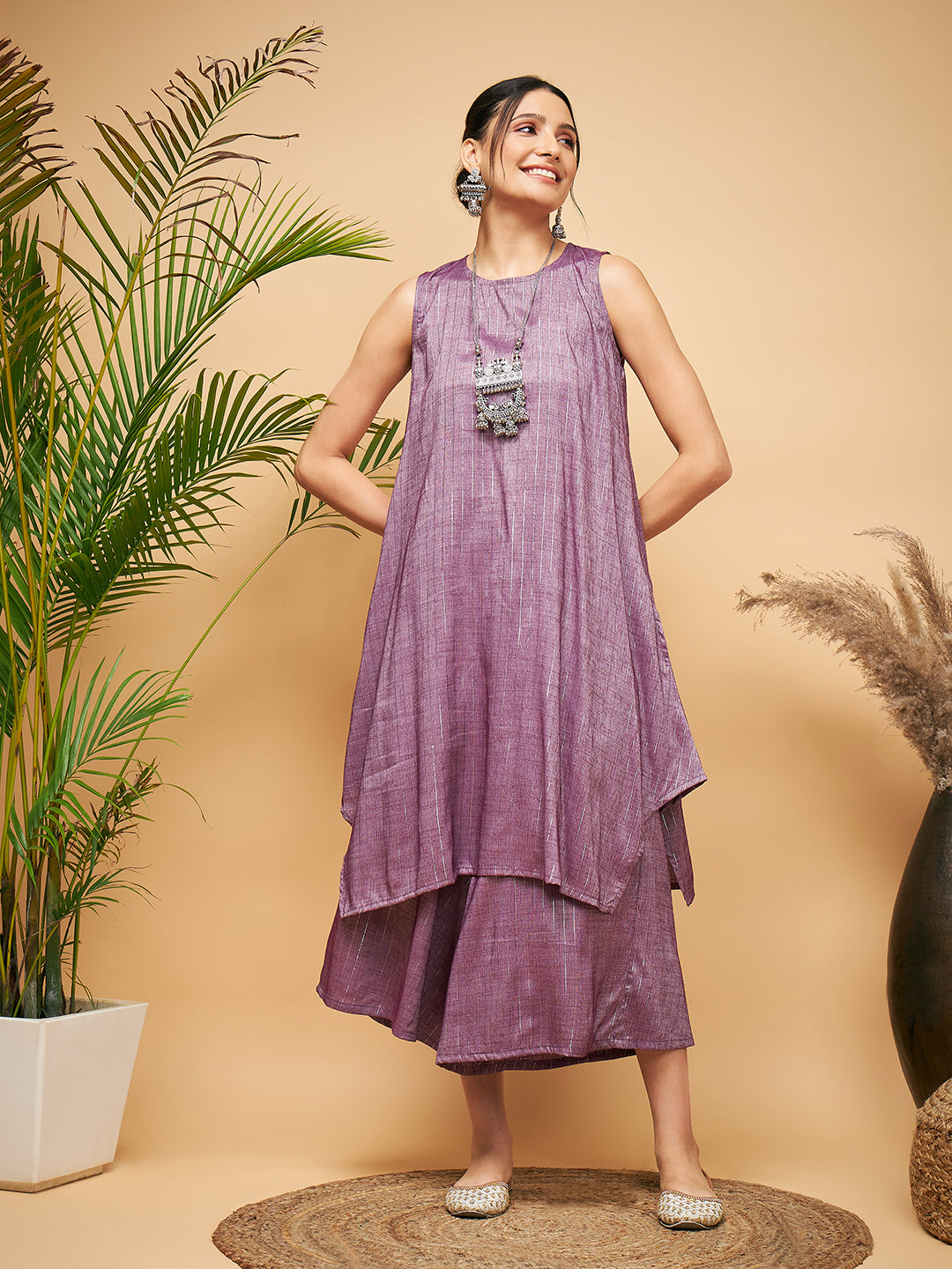 InWeave Women's Mauve Lurex Short Pallazo Kurta Set
