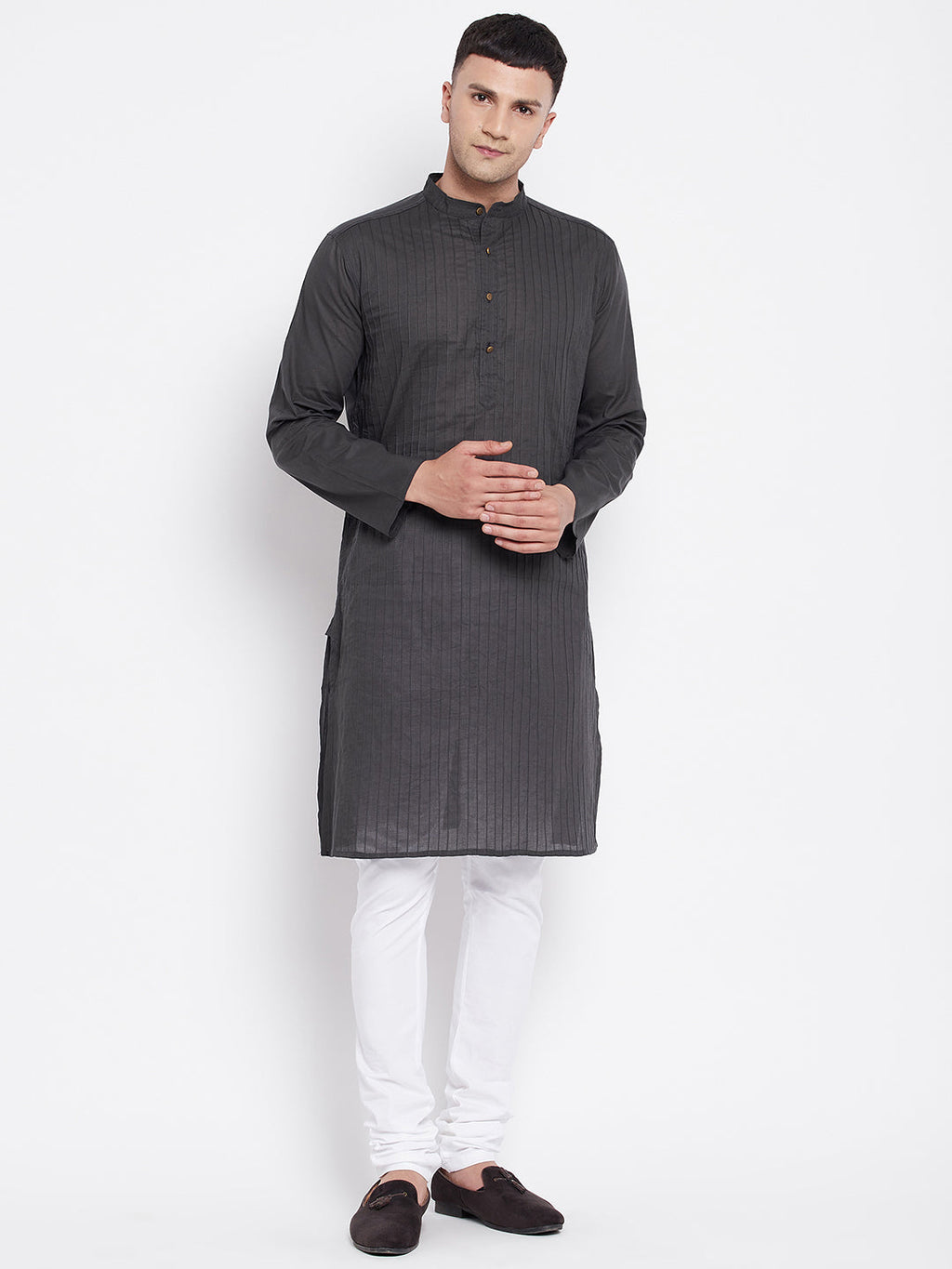 Even Apparels Grey Pure Cotton Kurta With Band Collar