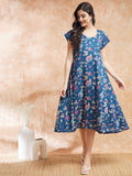 InWeave Women's Blue Pink Kalamkari A Line Dress