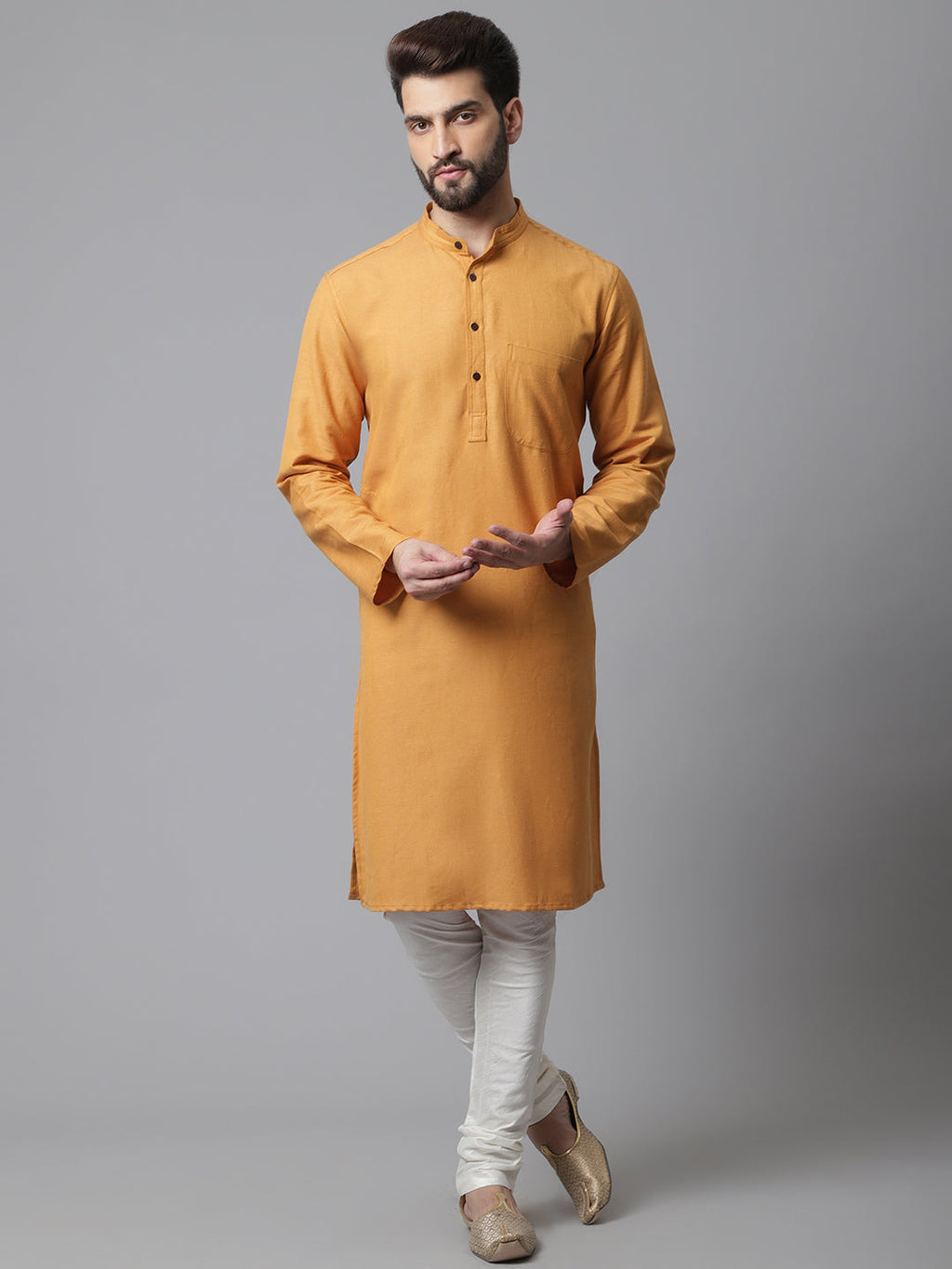 Even Apparels Yellow Solid Kurta With Band Collar