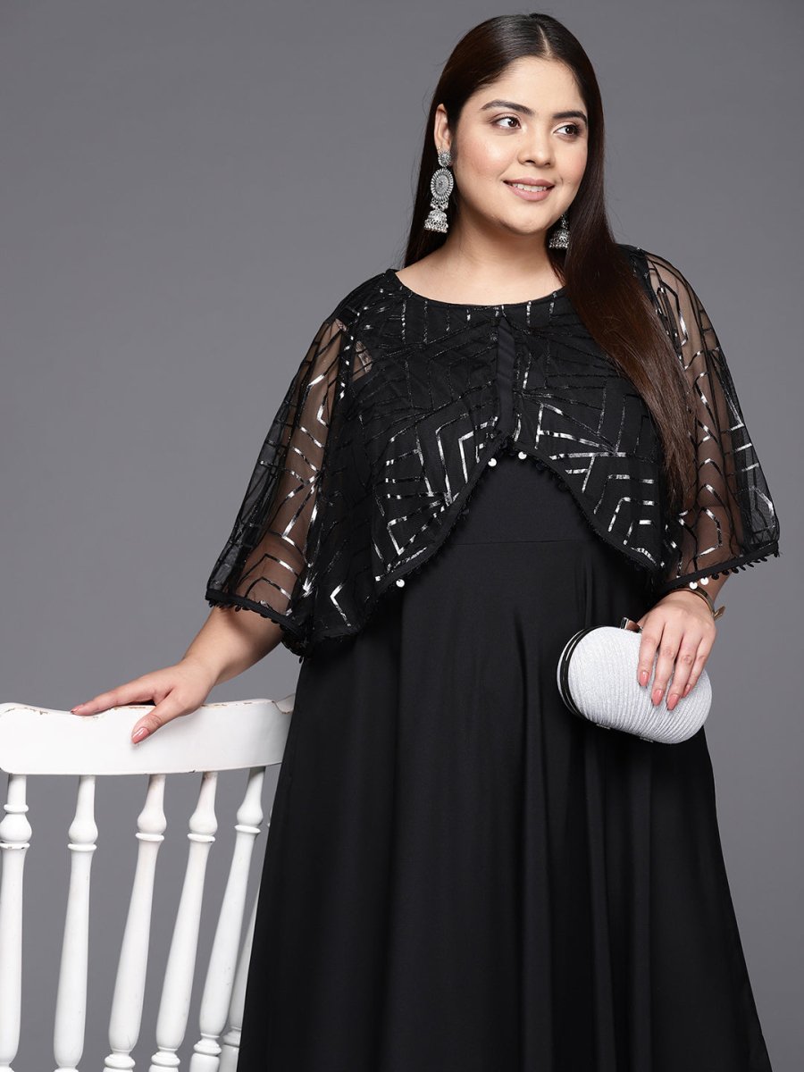 Ahalyaa Plus Size Geometric Print Crepe Layered A-line Maxi Ethnic Dress