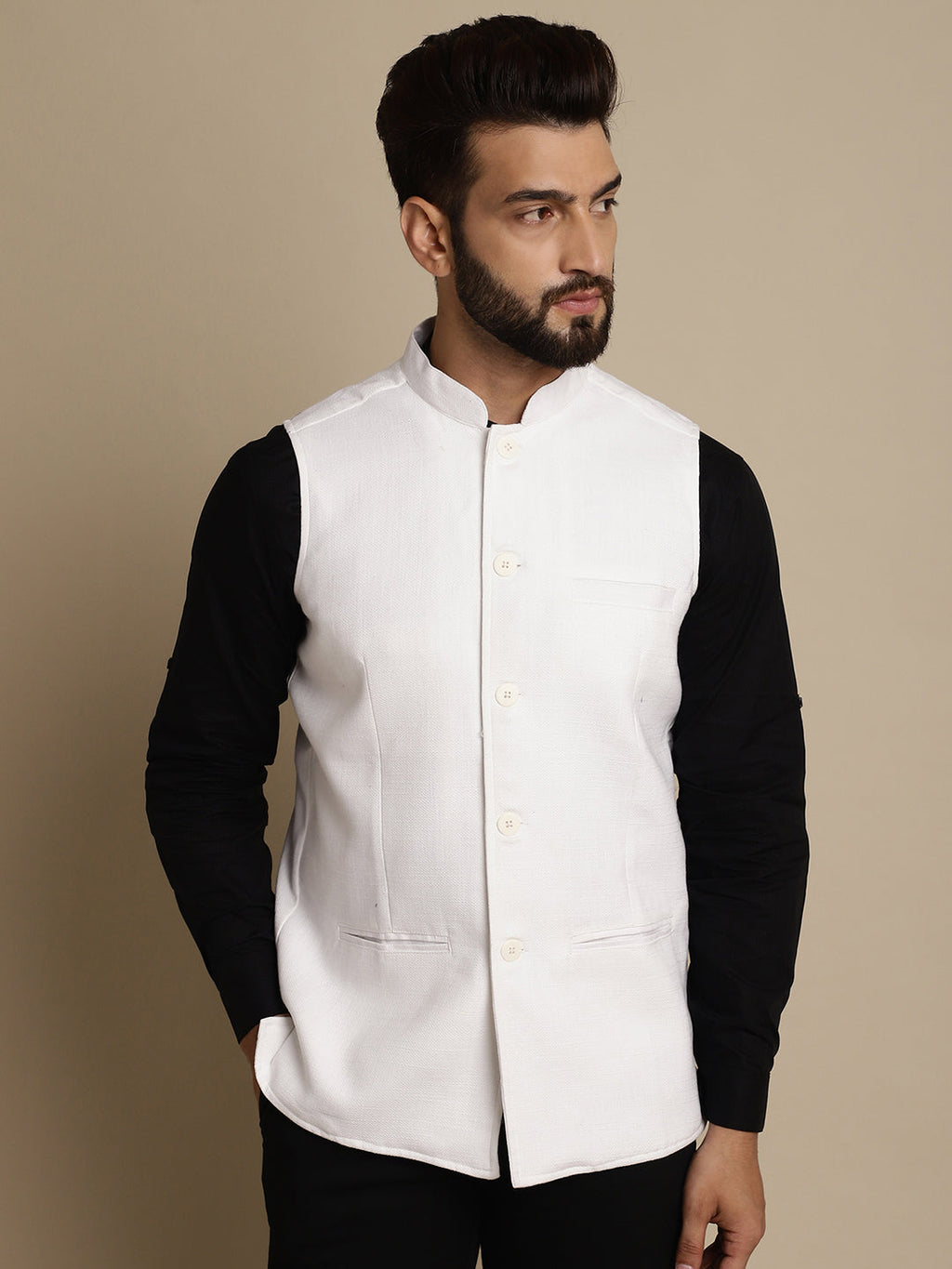 Even Apparels Men's White Mandarin Collar Waistcoat