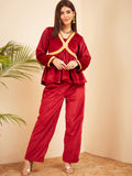 InWeave Women's Barn Red Mughal Shaan Style Velvet Short Kurta Set