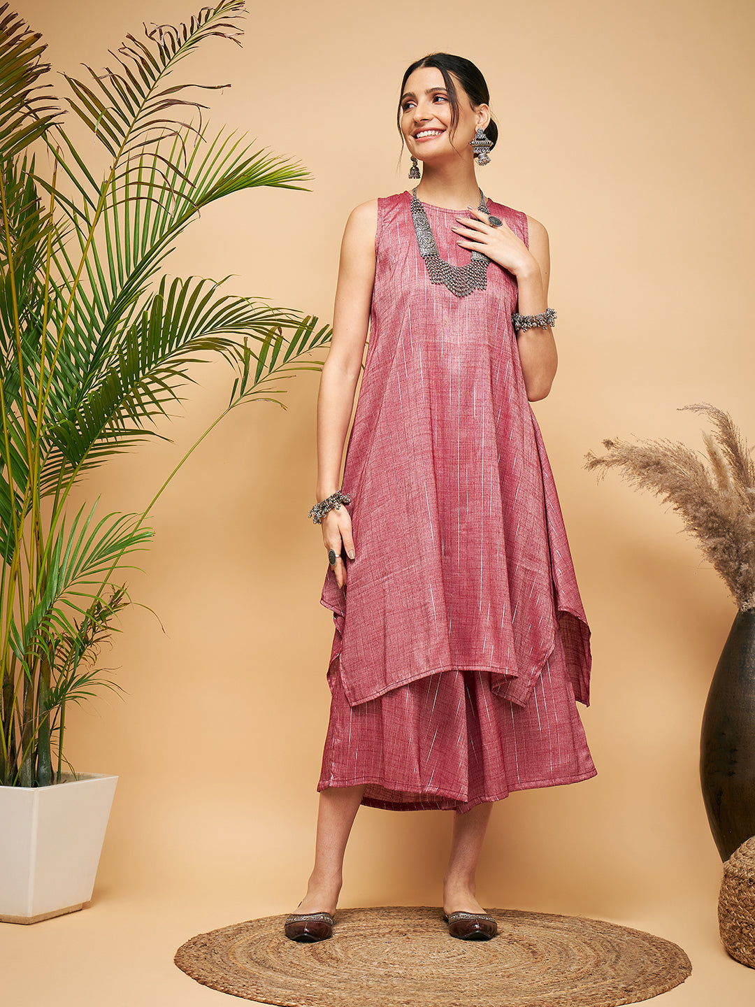 InWeave Women's Wine Lurex Short Pallazo Kurta Set